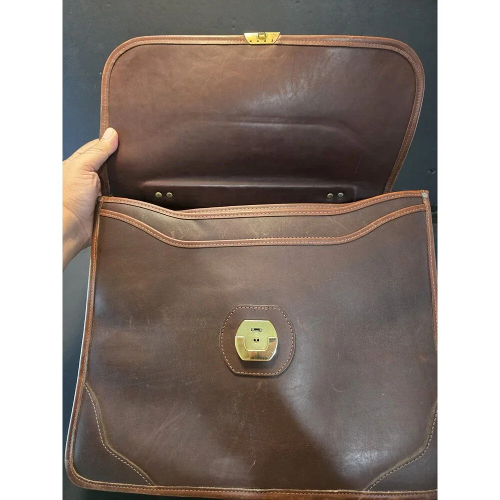 Vintage Gokey USA Brown Leather Flapover Briefcase Messenger Bag Luggage Tag